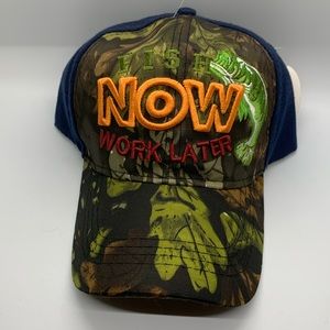 FISH NOW WORK LATER FISHING FISHERMAN BASS BASEBALL CAP HAT Navy Blue & CAMO